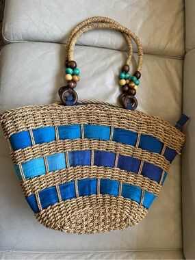 Sun N Sand Woven Straw Tote Bag with ombre Blue Accent Ribbons